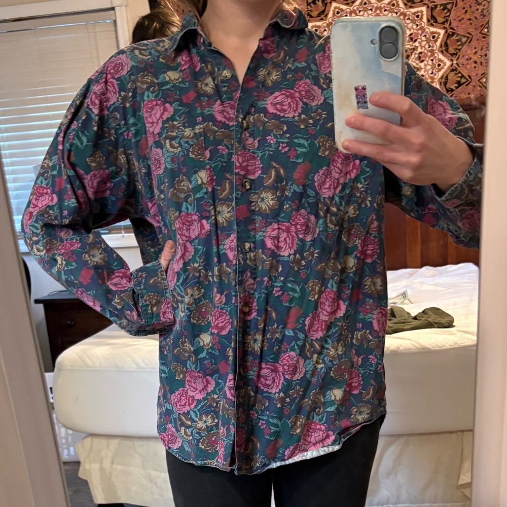 Floral Button-Up Shirt in Teal and Pink